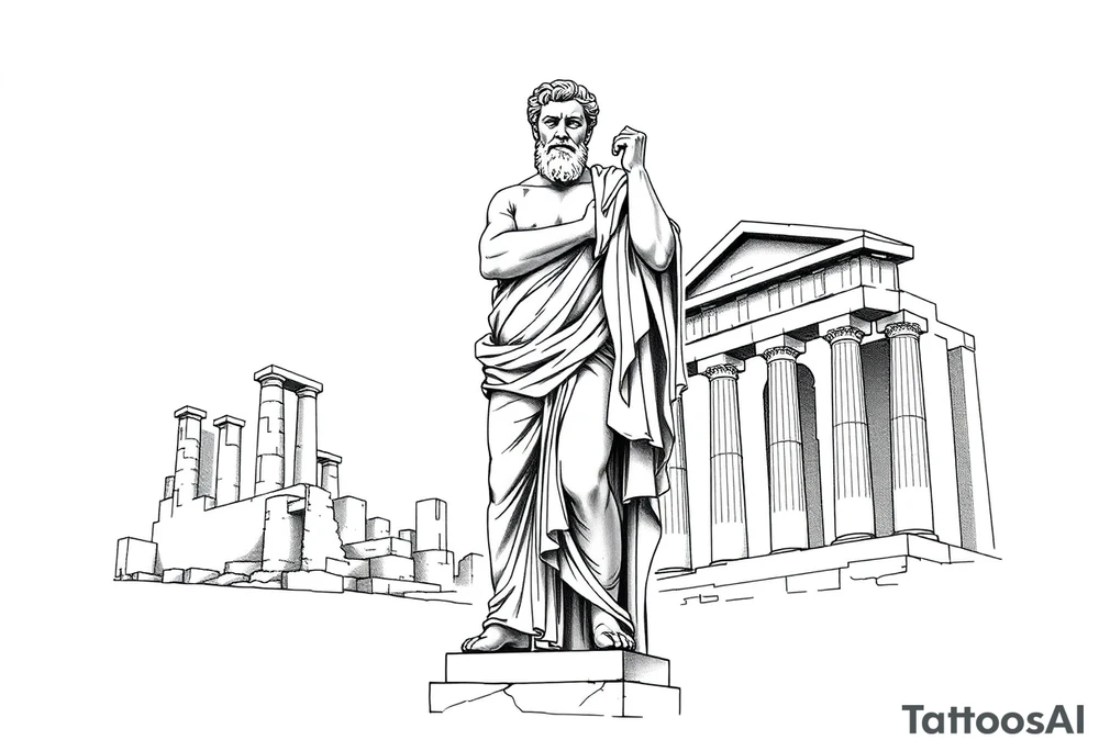 greek philosopher statue with masculine Fram in front of old broken greek buildings, forearm tattoo idea