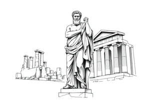 greek philosopher statue with masculine Fram in front of old broken greek buildings, forearm tattoo idea