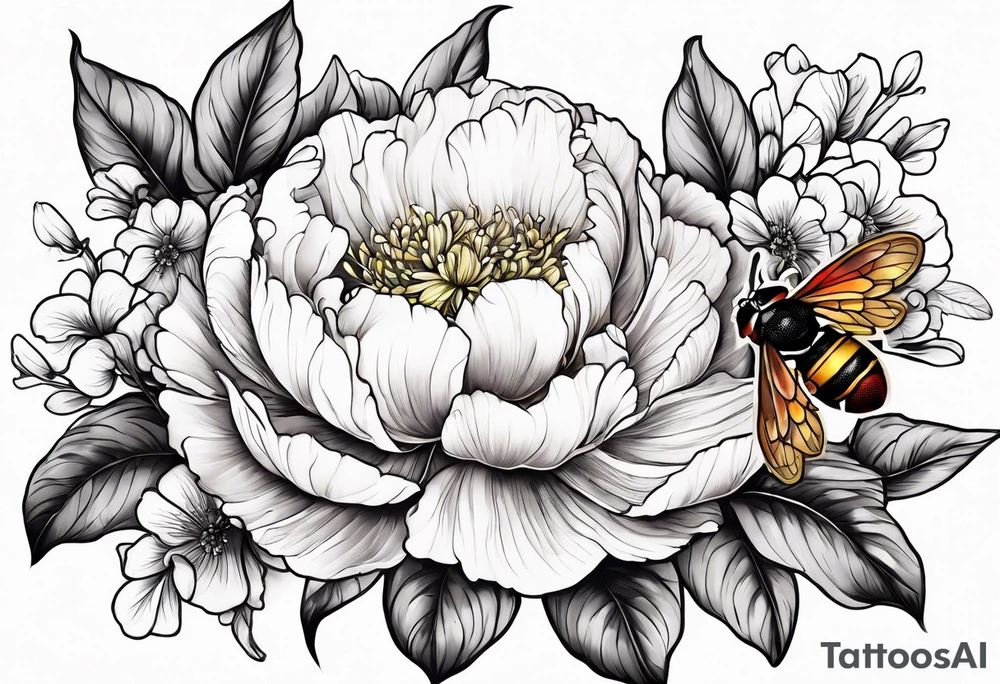 Vibrant peony with hydrangea and petunias and blossoms and foliage and a ladybug and a bee tattoo idea