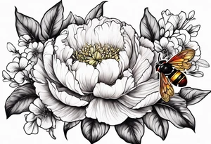 Vibrant peony with hydrangea and petunias and blossoms and foliage and a ladybug and a bee tattoo idea