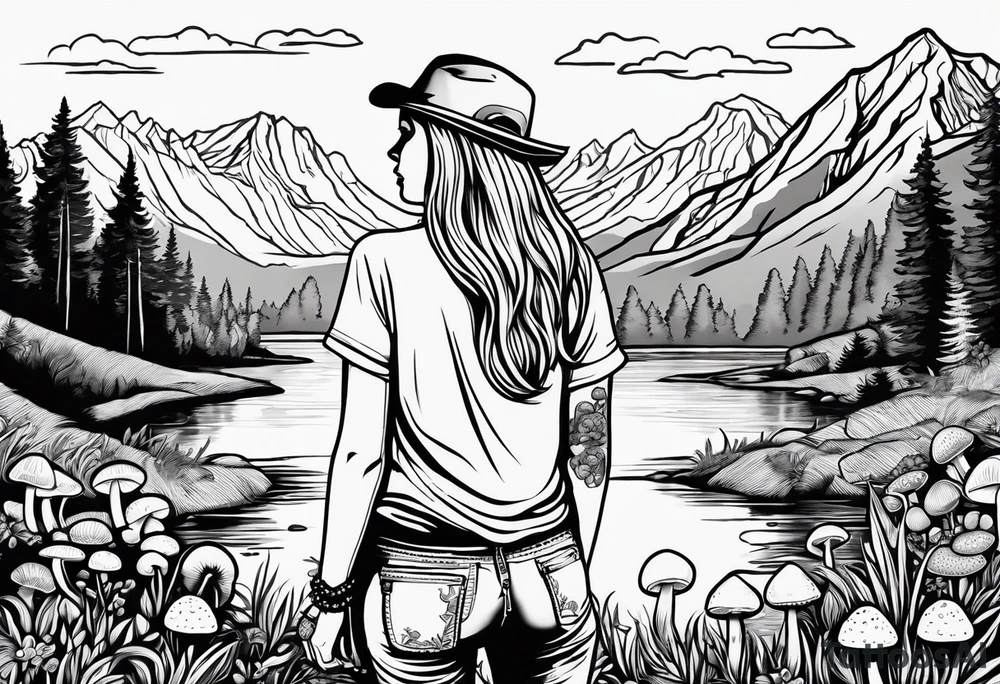 Straight long blonde hair hippie girl in distance holding mushrooms in hand facing away toward mountains and creek surrounded by mushrooms tee shirt and hiking pants tattoo idea