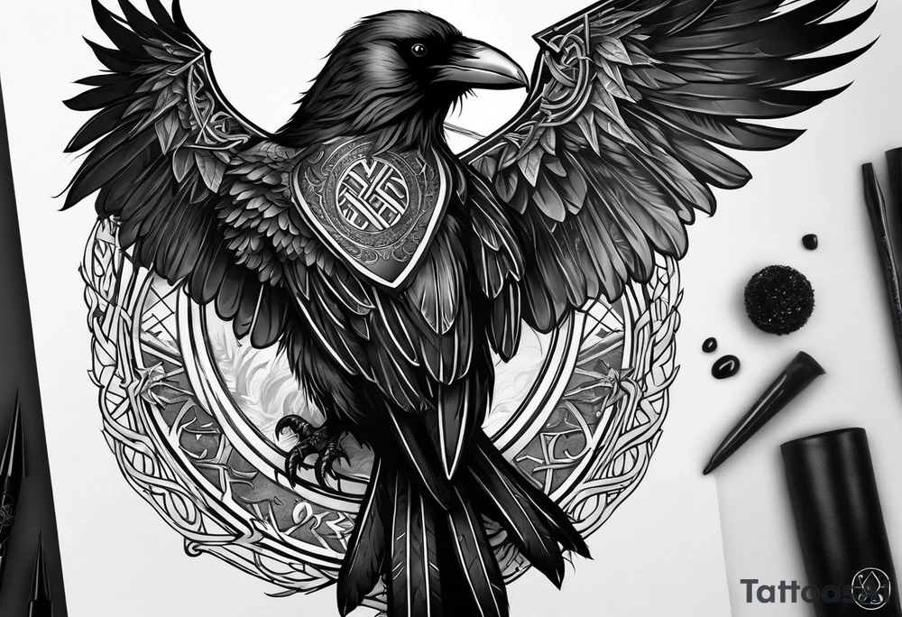 Black and white odins raven in a Norse rune style for placement on the neck with the ravens wings going up the sides of the neck tattoo idea