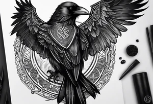 Black and white odins raven in a Norse rune style for placement on the neck with the ravens wings going up the sides of the neck tattoo idea