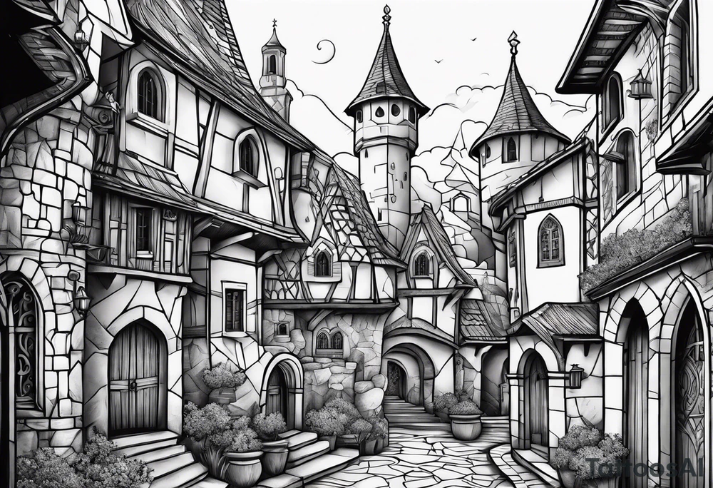 medieval tribal city tattoo idea