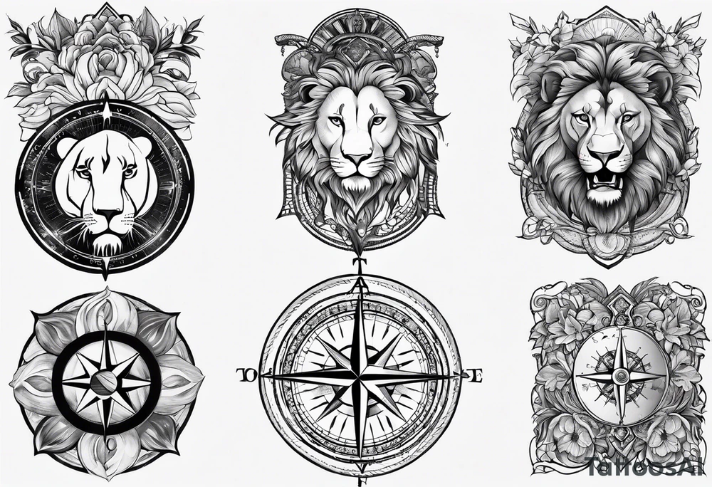 Sleeve tattoo with the word topete, a compass and a lions head tattoo idea