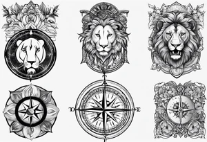 Sleeve tattoo with the word topete, a compass and a lions head tattoo idea