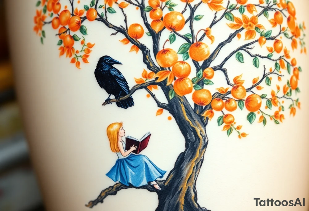 A Raven standing on the branch of an orange tree. A blond little girl wearing a blue dress sitting under the tree while reading a book. The raven is watching her. tattoo idea