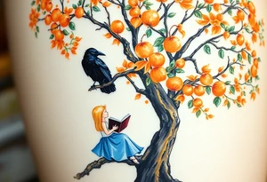 A Raven standing on the branch of an orange tree. A blond little girl wearing a blue dress sitting under the tree while reading a book. The raven is watching her. tattoo idea