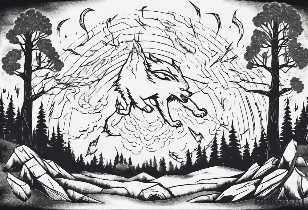a thunder and lightning storm over a forest with a distant wolf howling and a drum circle tattoo idea a thunder and lightning storm over a forest with a distant wolf howling and a drum circle tattoo idea