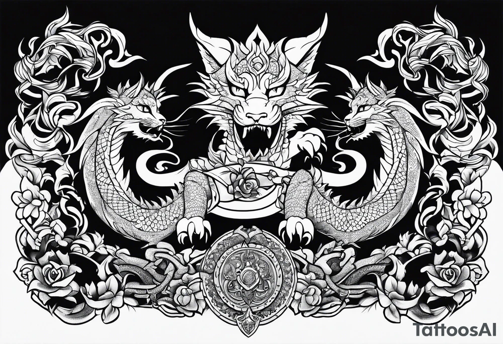 wristband tattoo with dragon and cat tattoo idea