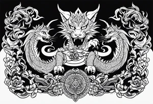 wristband tattoo with dragon and cat tattoo idea