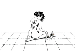 A simple tile floor with a minimalist, almost abstract curled figure sitting on the floor with a lily next to her tattoo idea