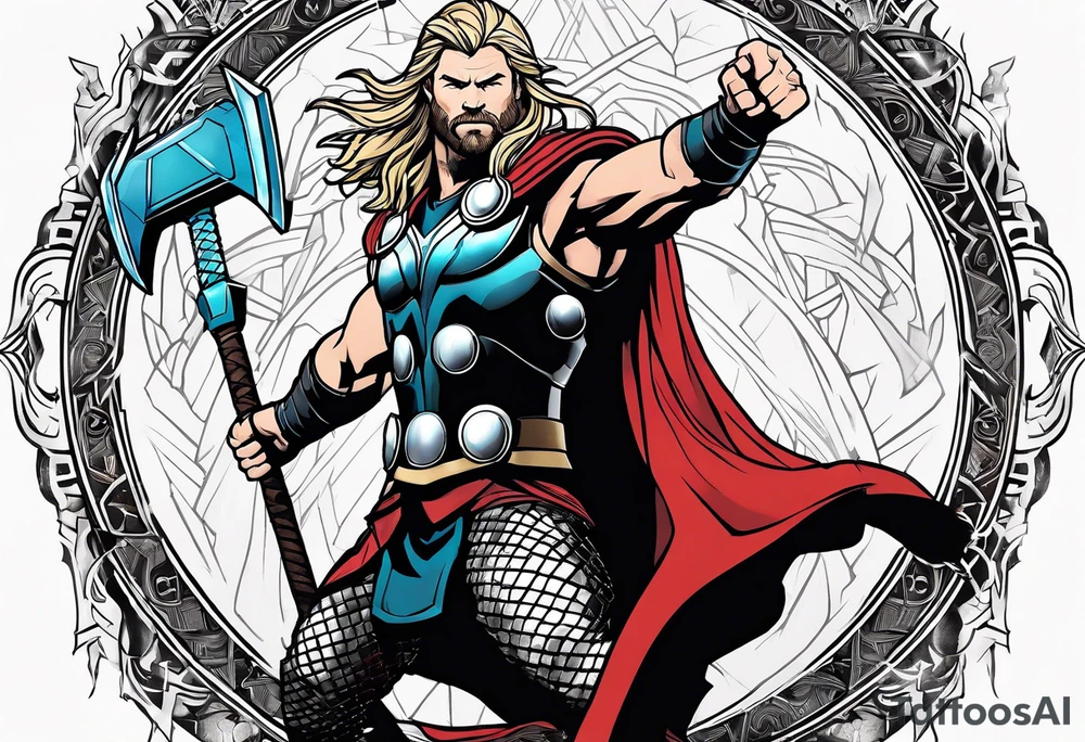 The Mighty Thor that looks like the Chris Hemsworth version with lightning in the background tattoo idea