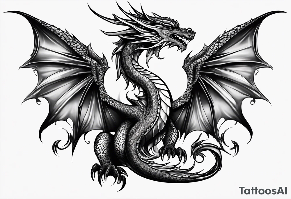 Mother dragon wings spread with 3 baby dragons tattoo idea