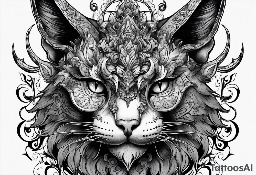 Demon cat with horns on its head tattoo idea