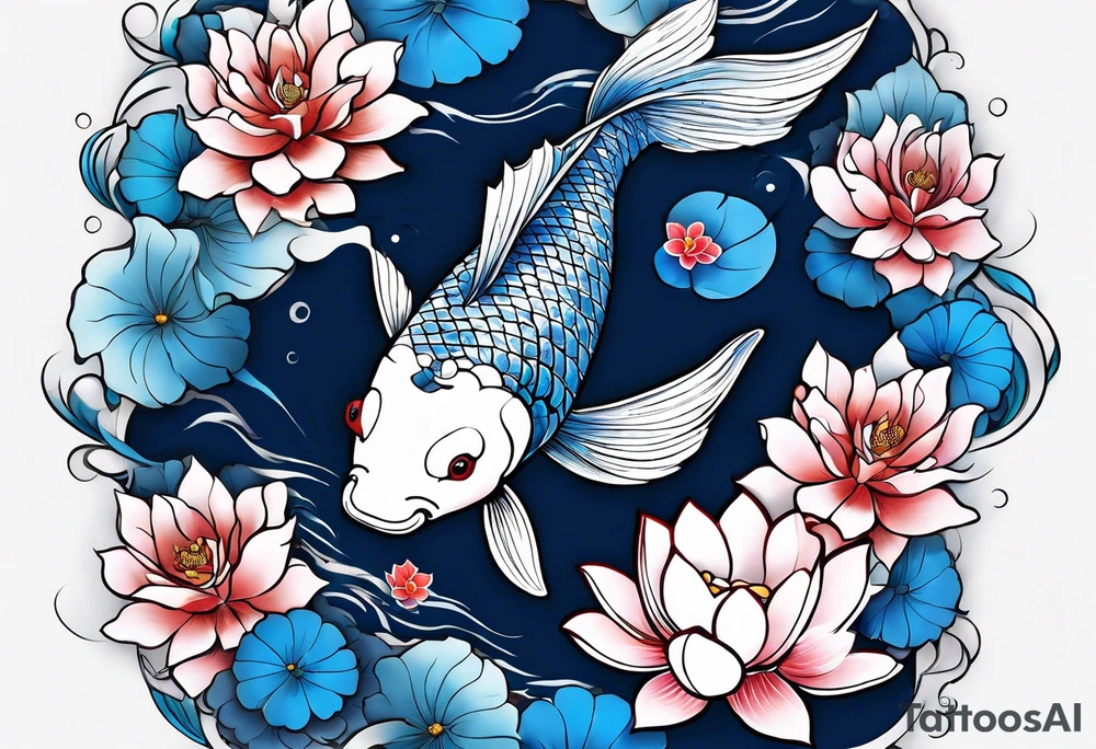 Two Blue Koi swimming between and lotus flowers tattoo idea