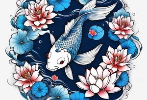 Two Blue Koi swimming between and lotus flowers tattoo idea