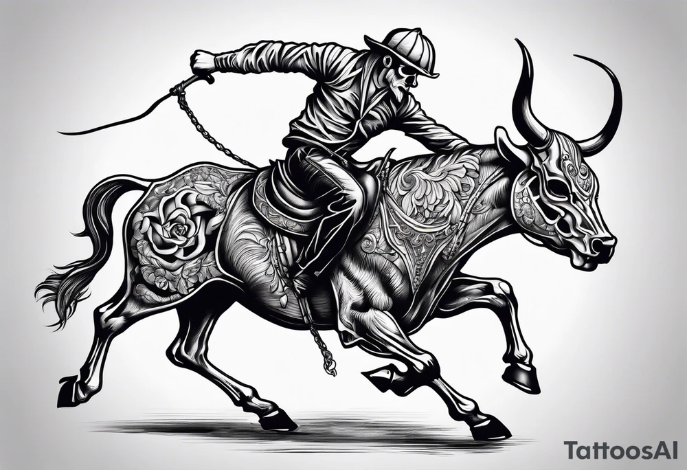 Skeleton riding bull tattoo idea