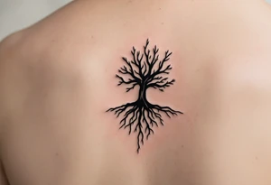 家 (jiā, “family”) in earthy brown is placed near a tree symbol for roots and legacy. tattoo idea