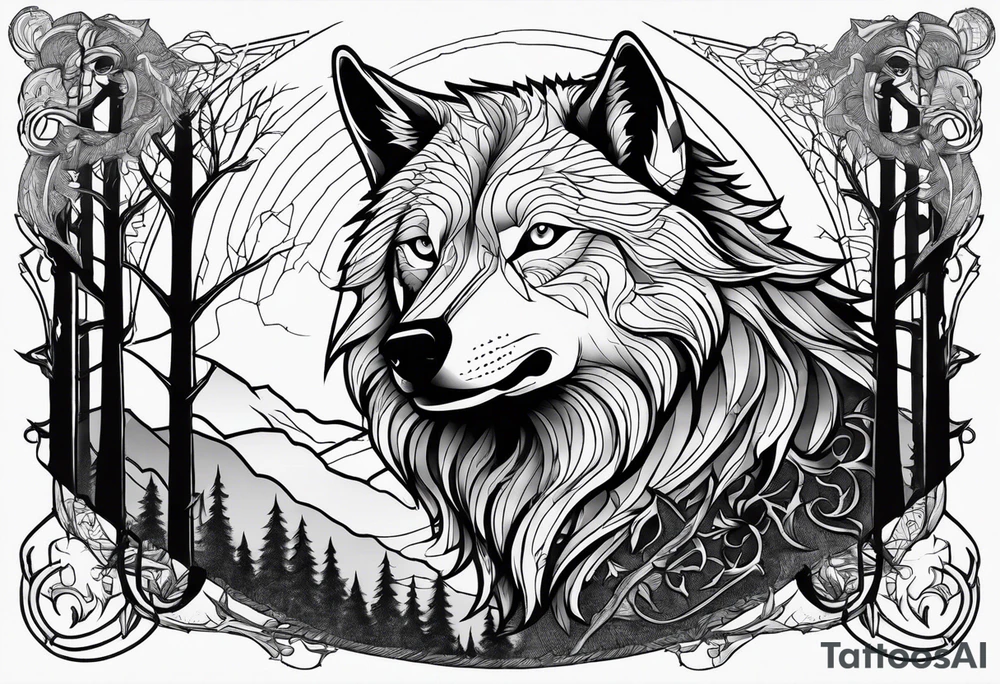 Powerful majestic Wolf, a crow talking to the Wolf, Woods and thorns in the Background, moonshine tattoo idea