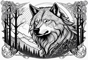 Powerful majestic Wolf, a crow talking to the Wolf, Woods and thorns in the Background, moonshine tattoo idea