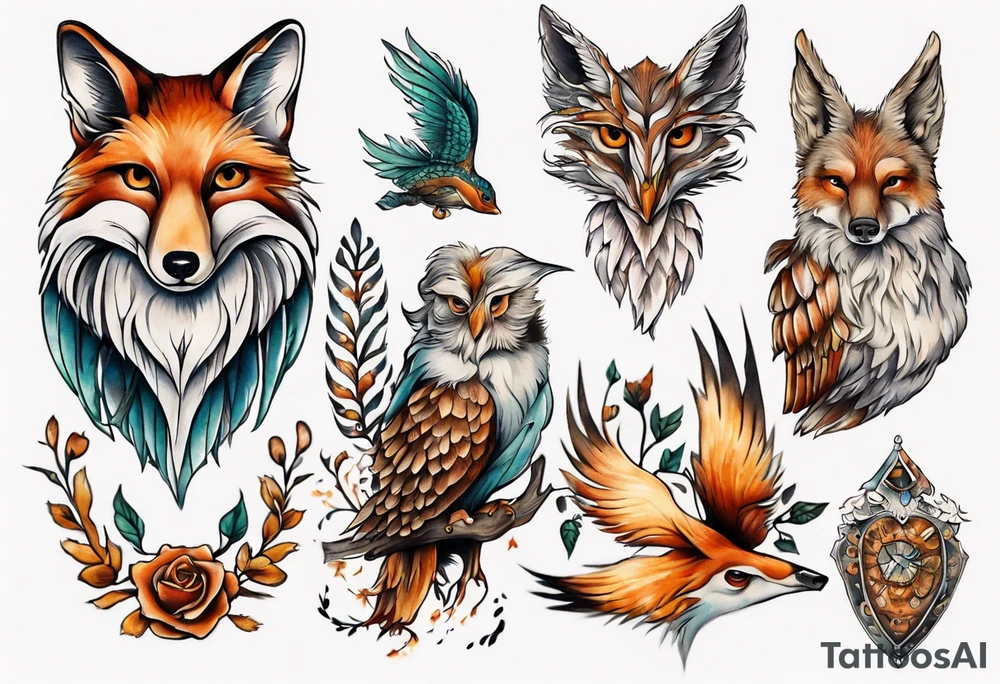 forelle fuchs und eule in einem tattoo idea