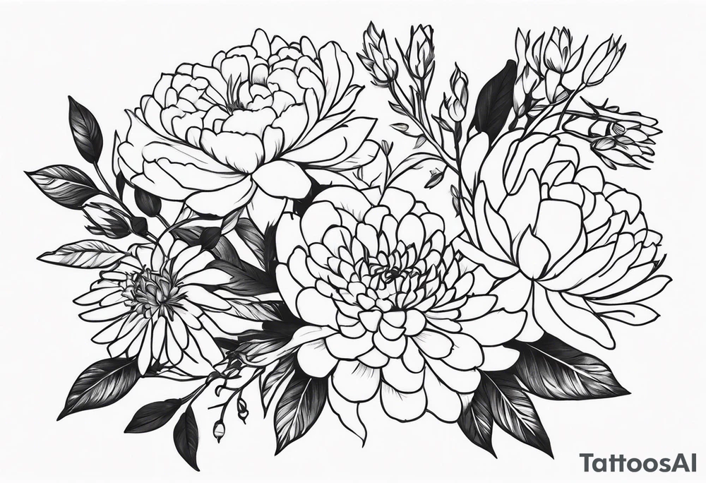 Asters, roses, hawthorns, and chrysanthemums in a long line tattoo idea