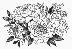 Asters, roses, hawthorns, and chrysanthemums in a long line tattoo idea