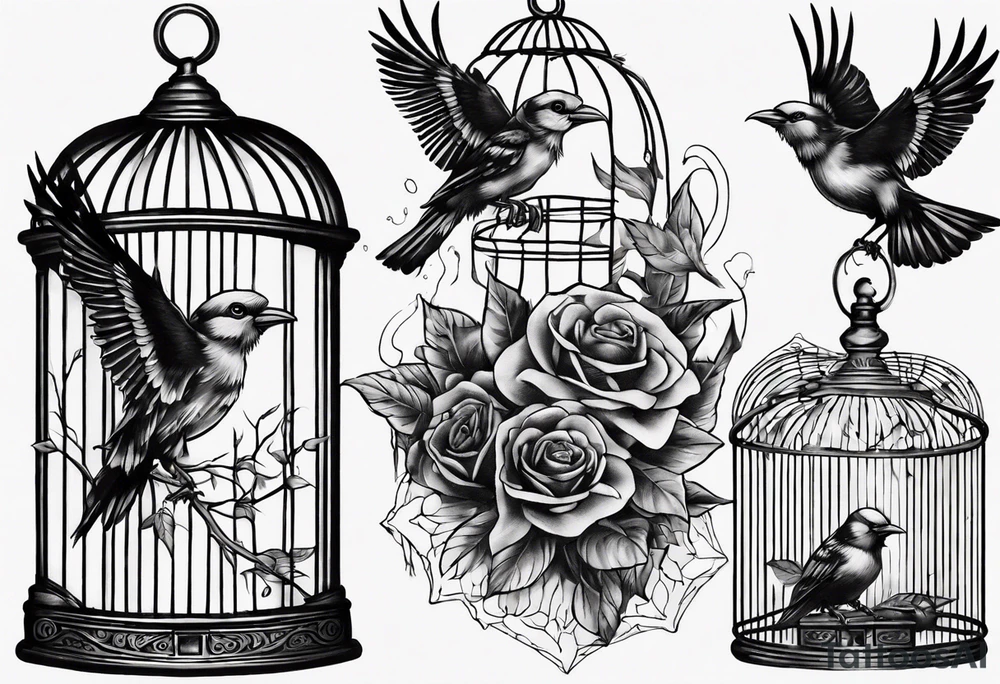 highly detailed bird ecscaping from bird cage, Lynyrd Skynyrd inspired tattoo idea