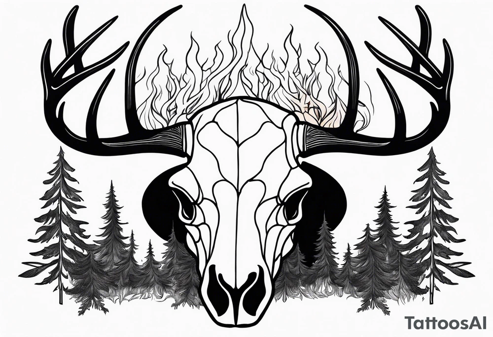 side view of a deer skull JUST BONE surrounded by a flames and trees tattoo idea