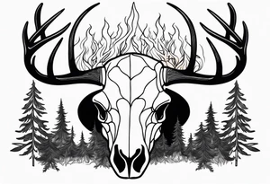 side view of a deer skull JUST BONE surrounded by a flames and trees tattoo idea