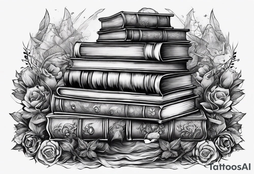 Stack of books surrounded by fantasy elements tattoo idea