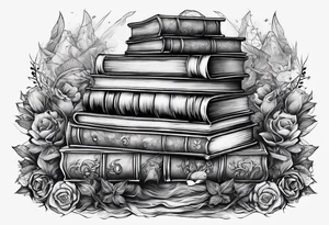 Stack of books surrounded by fantasy elements tattoo idea