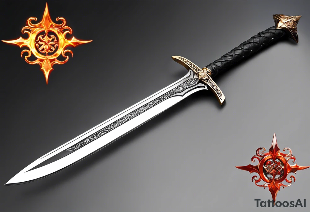 The Master Sword in a detailed, elegant drawing, with the hilt adorned with delicate engravings of elemental symbols: a flickering flame for fire, a gentle wave for water, a sprouting leaf for earth, and a twisting breeze for air. The blade itself is sleek and polished tattoo idea