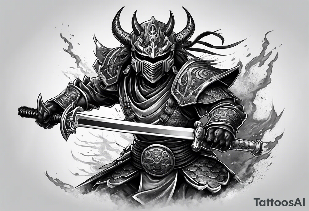 Angry robot demon ninja with demon mask with sword fighting in war tattoo idea Angry robot demon ninja with demon mask with sword fighting in war tattoo idea