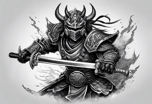 Angry robot demon ninja with demon mask with sword fighting in war tattoo idea