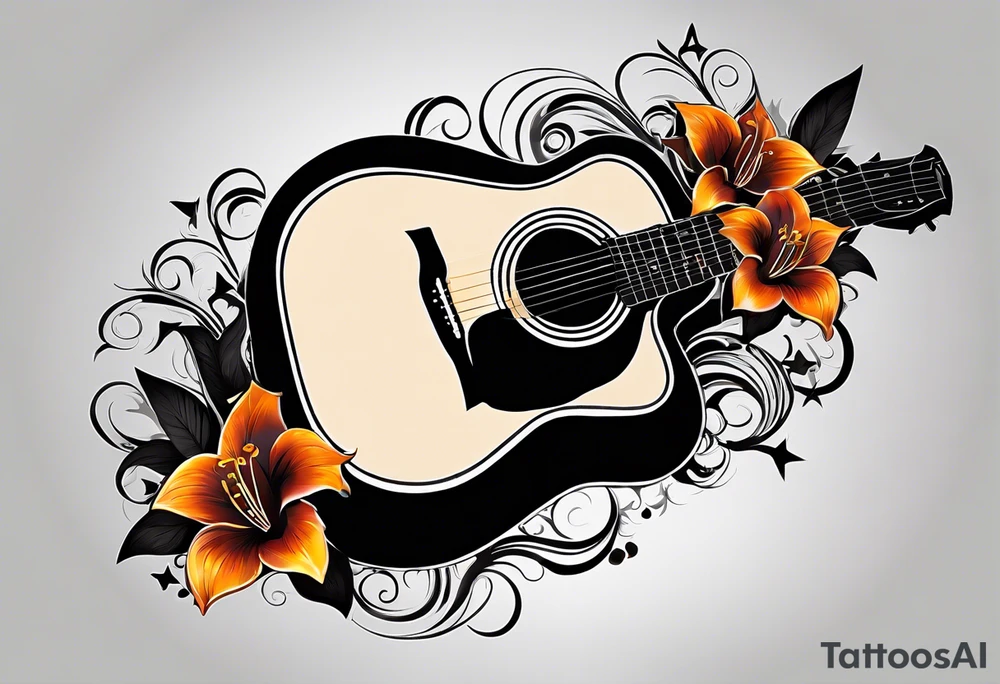 flat basic black acoustic guitar, entire guitar, wrapped with lilies around the neck, with a simple black star on the guitar body. meant for the inside of a woman's bicep tattoo idea