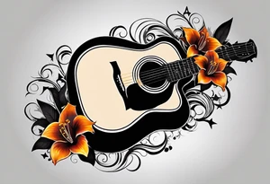 flat basic black acoustic guitar, entire guitar, wrapped with lilies around the neck, with a simple black star on the guitar body. meant for the inside of a woman's bicep tattoo idea
