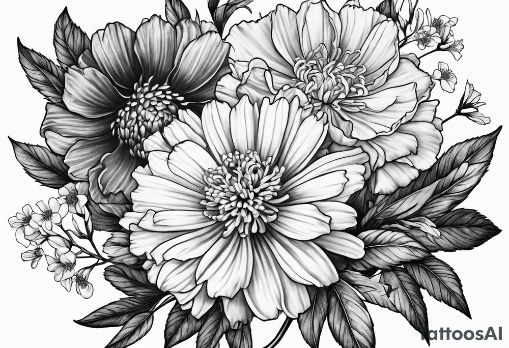 Carnation aster and violet blossom flat lay tattoo idea