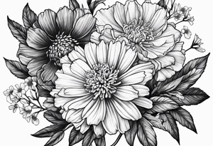 Carnation aster and violet blossom flat lay tattoo idea