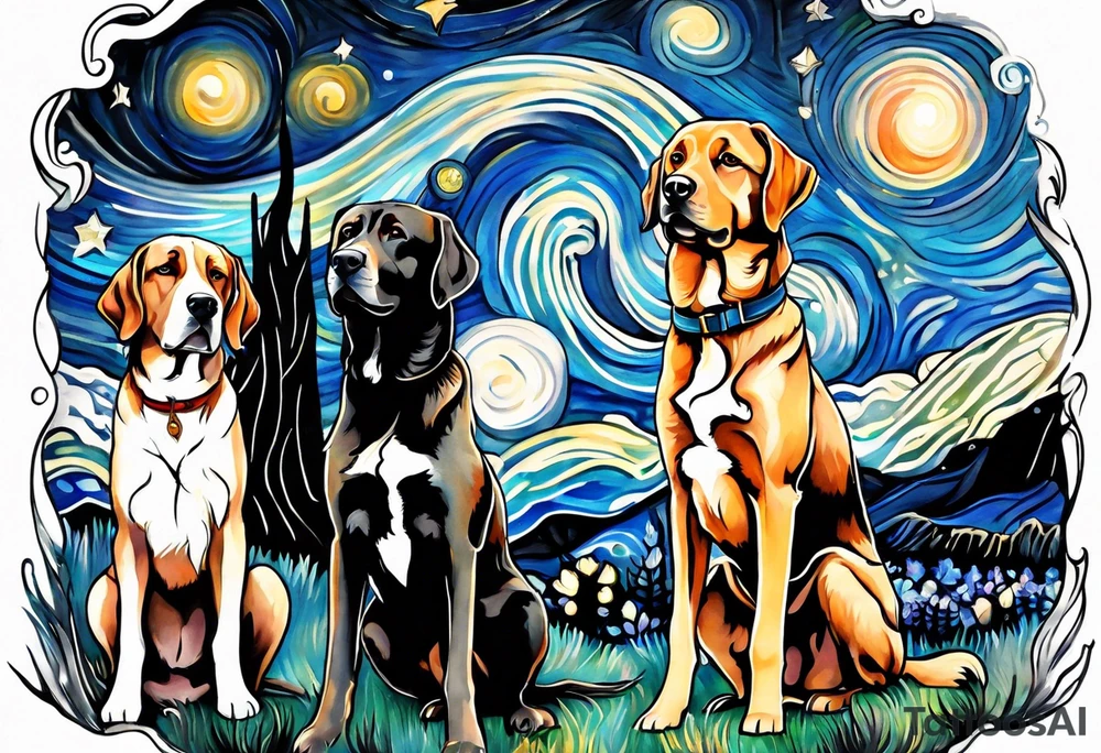 A person and 3 dogs looking up at space tattoo idea