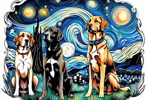 A person and 3 dogs looking up at space tattoo idea
