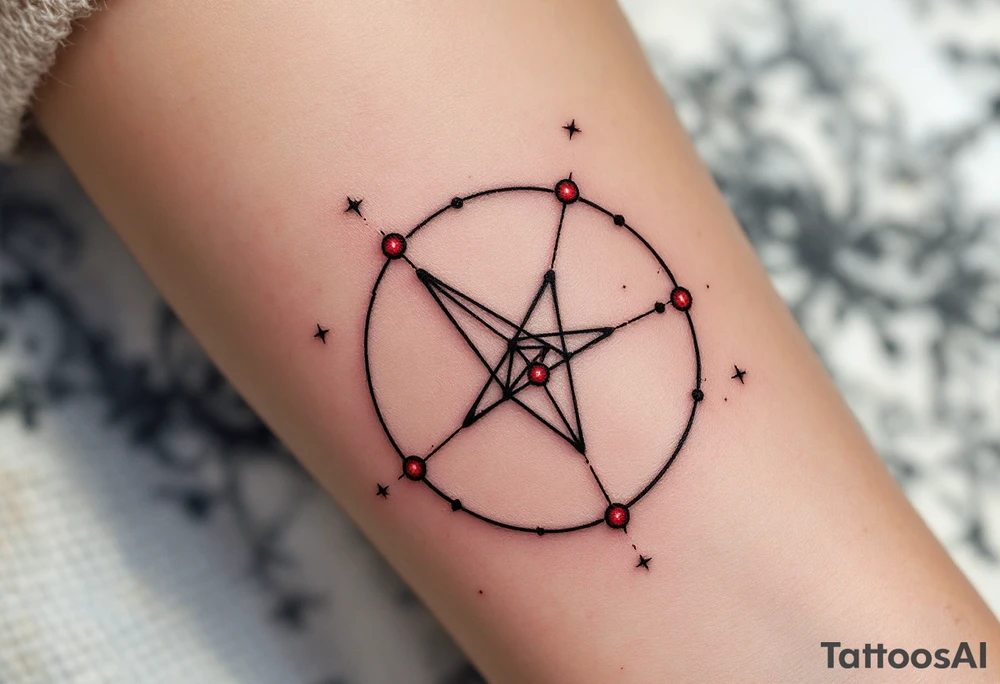 A geometric Capricorn constellation in crisp black ink with vibrant red dots marking each star. tattoo idea