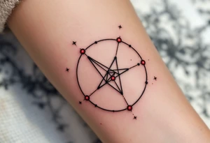 A geometric Capricorn constellation in crisp black ink with vibrant red dots marking each star. tattoo idea