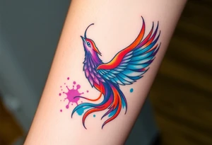 Phoenix in flames with purple, blue, orange, teal and green splashes, looking upwards. No outline. tattoo idea
