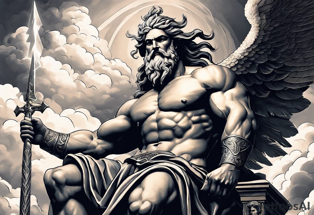 Zeus (Left Shoulder):

Zeus depicted in a seated position on a throne of clouds, holding a thunderbolt aloft in one hand.
The background could feature storm clouds with lightning bolts arcing across the sky.
Eagles, symbols of Zeus, soaring around him or perched on the throne's armrests. tattoo idea