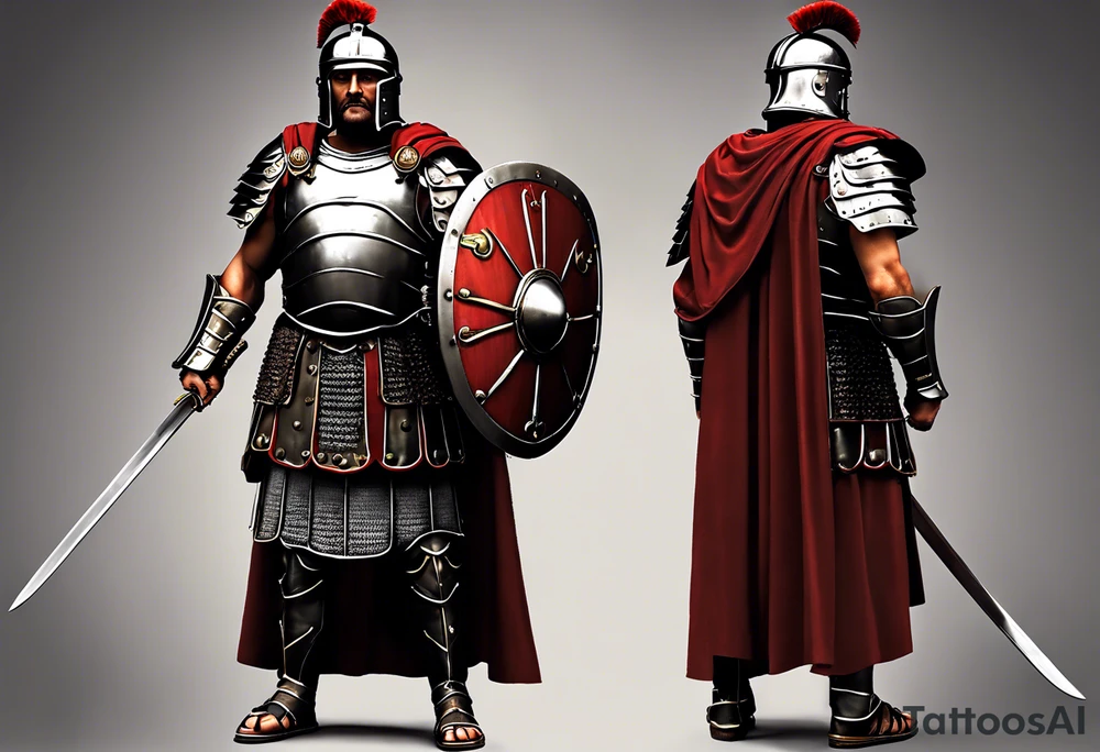 a high ranking roman centurion, soldier, AD 60, wearing armour which must include an armoured belt, breastplate, armoured shoes, shield, helmet and sword. the soldier is strong, tall, large, fit, muscular. the soldier is faceless. We can see the full body of the centurion, from his shoes to his helmet. The soldier is mid-battle, fending off flaming arrows with his shield, advancing towards the enemy, attacking the enemy. attacking pose. The image should be extremely detailed. Need to see the full soldier. tattoo idea