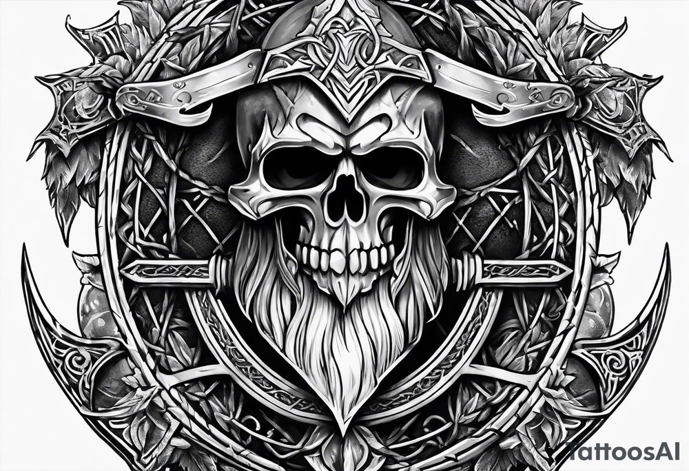 Valhalla sword shield axe barbed wire tattoo idea