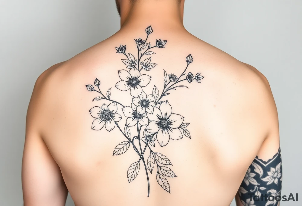 Full sleeve tattoo design of larkspur and hawthorn flowers, highly detailed line art, black ink, elegant botanical style, intertwined composition, no shading, no human mock-up, clean stencil style suitable for tattooing, fit fully within boundaries. LINE ART ONLY tattoo idea