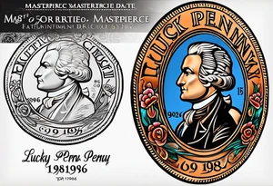 Lucky penny with date 1986, American traditional style tattoo idea